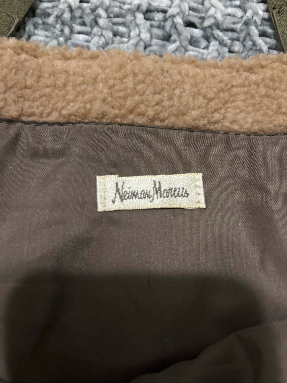 Neiman Marcus olive green Sherpa-Lined tote